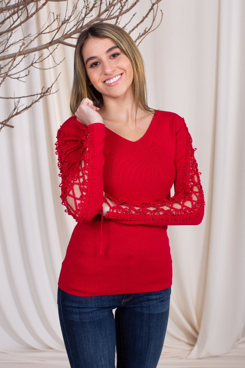 Sweater lanilla con manga calada - Rojo 