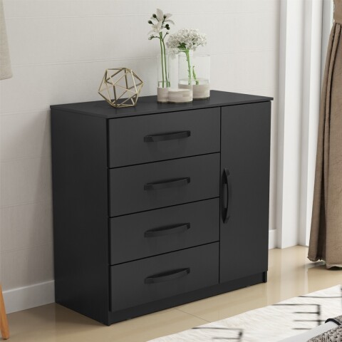 Cómoda Cajonera para Dormitorio de 4 Cajones y 1 Puerta en MDP - Negro Cómoda Cajonera para Dormitorio de 4 Cajones y 1 Puerta en MDP - Negro