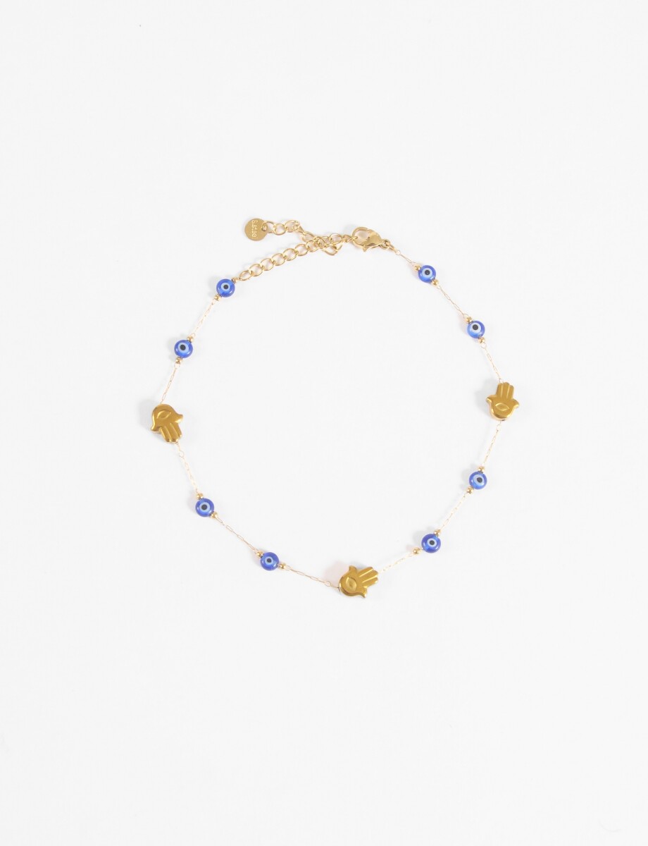 Tobillera acero ojitos hamsa resina - dorado 