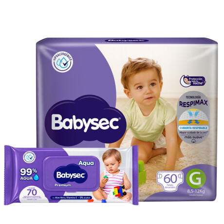 Pack Pañales Babysec Premium Jumbo Pack G 60 Unidades + Toallitas Premium 99% Agua 70 Unidades Pack Pañales Babysec Premium Jumbo Pack G 60 Unidades + Toallitas Premium 99% Agua 70 Unidades