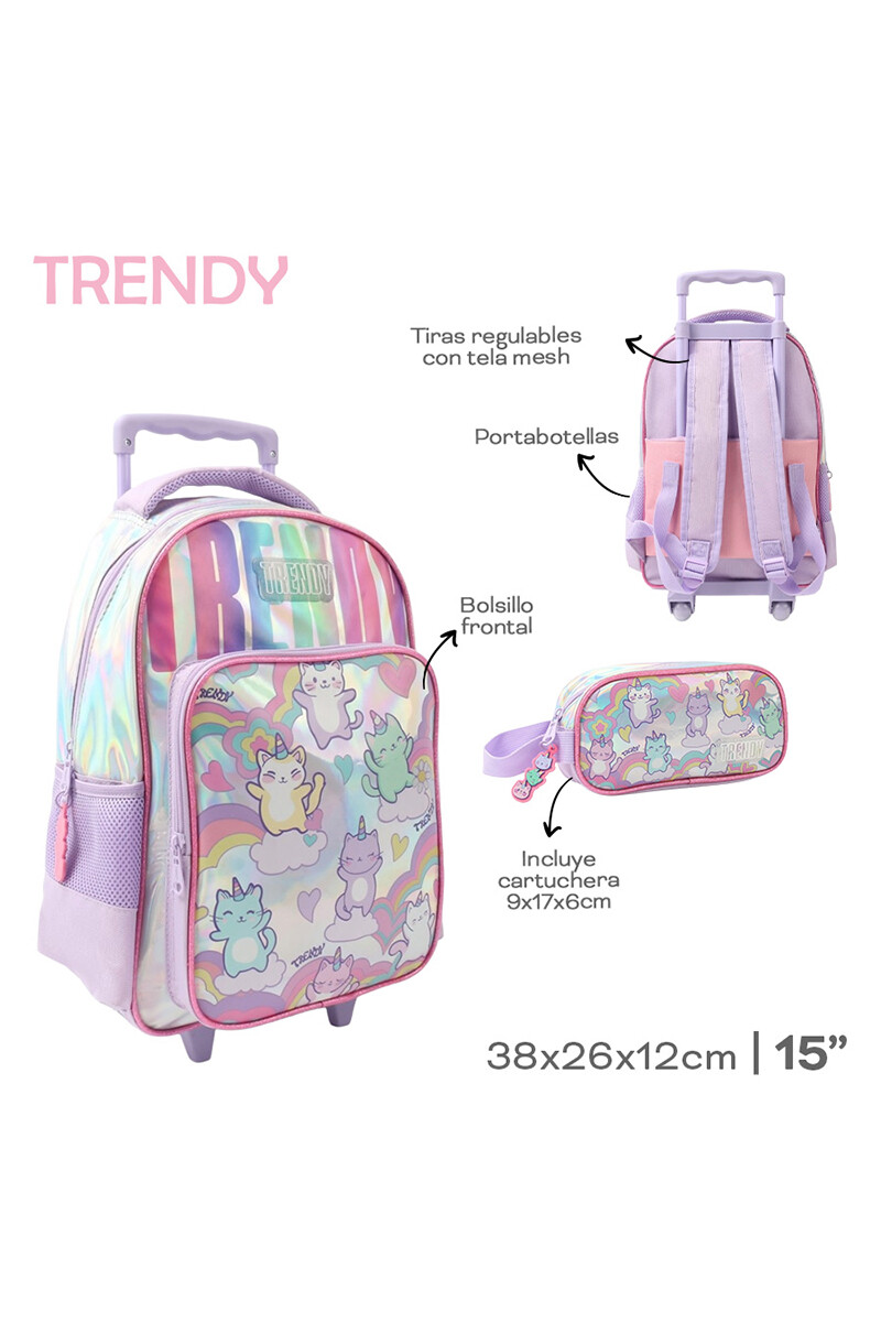 Mochila con carrito + cartuchera Trendy Lila