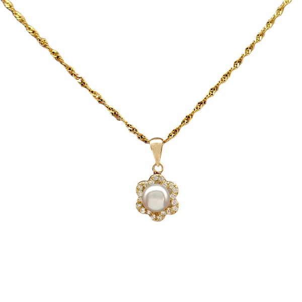 Dije Flor-Oro bajo-Con Perla y Piedra Zirconia-CP8535 Conperla
