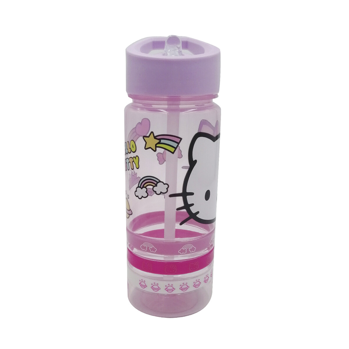 Botella Plástica con Pajita Hello Kitty 500 ml + 3 Pulseras Goma 
