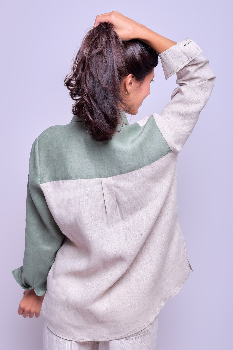 Camisa Suspiro en Lino Combinada Beige con Verde