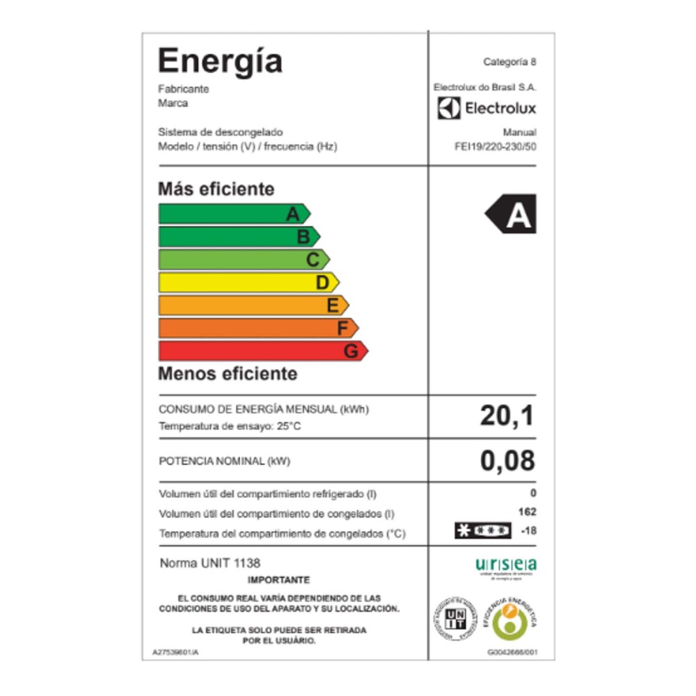 FREEZER VERTICAL INVERTER BLANCO ELECTROLUX 162L