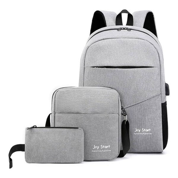 Set Mochila Porta Notebook Morral Neceser 3 En 1 Con USB Variante Color Gris