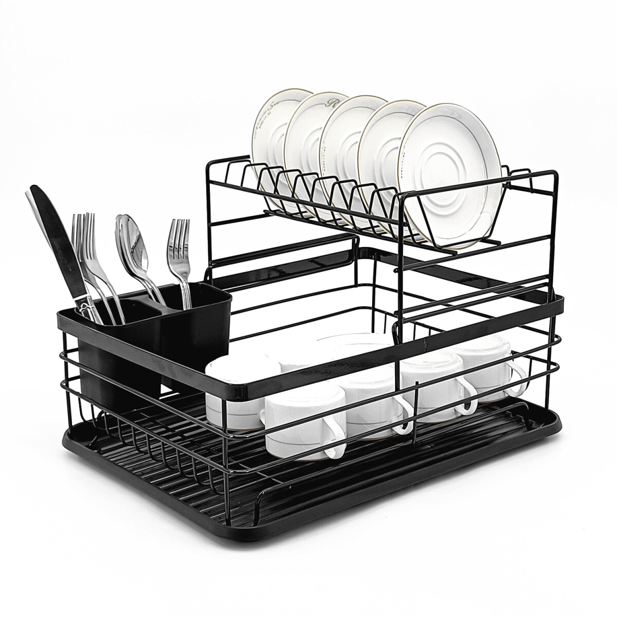 Escurridor Vajilla 2 Niveles Desmontable Cubiertero Bandeja - Negro 