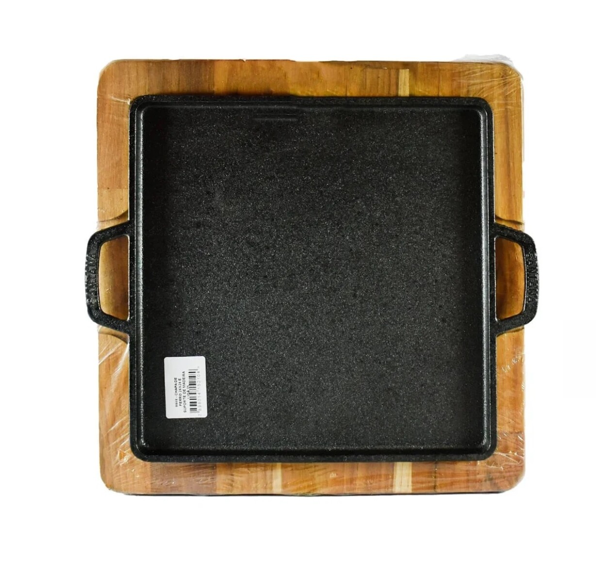 Plancha Cuadrada de Hierro Fundido 24 x 24 cm con Asas y Base de Madera 