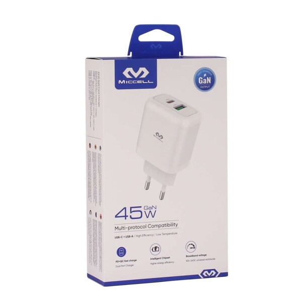 Cargador 45W Ficha USB C + USB MICCELL Carga Rápida De Pared Variante Color Blanco
