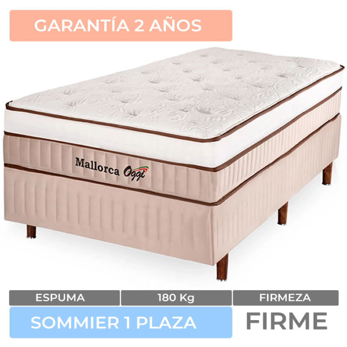 UNA PLAZA + BOX - Conjunto de Sommier 1 plaza Mallorca SUPER ESPUMA 88x188x61 180K 