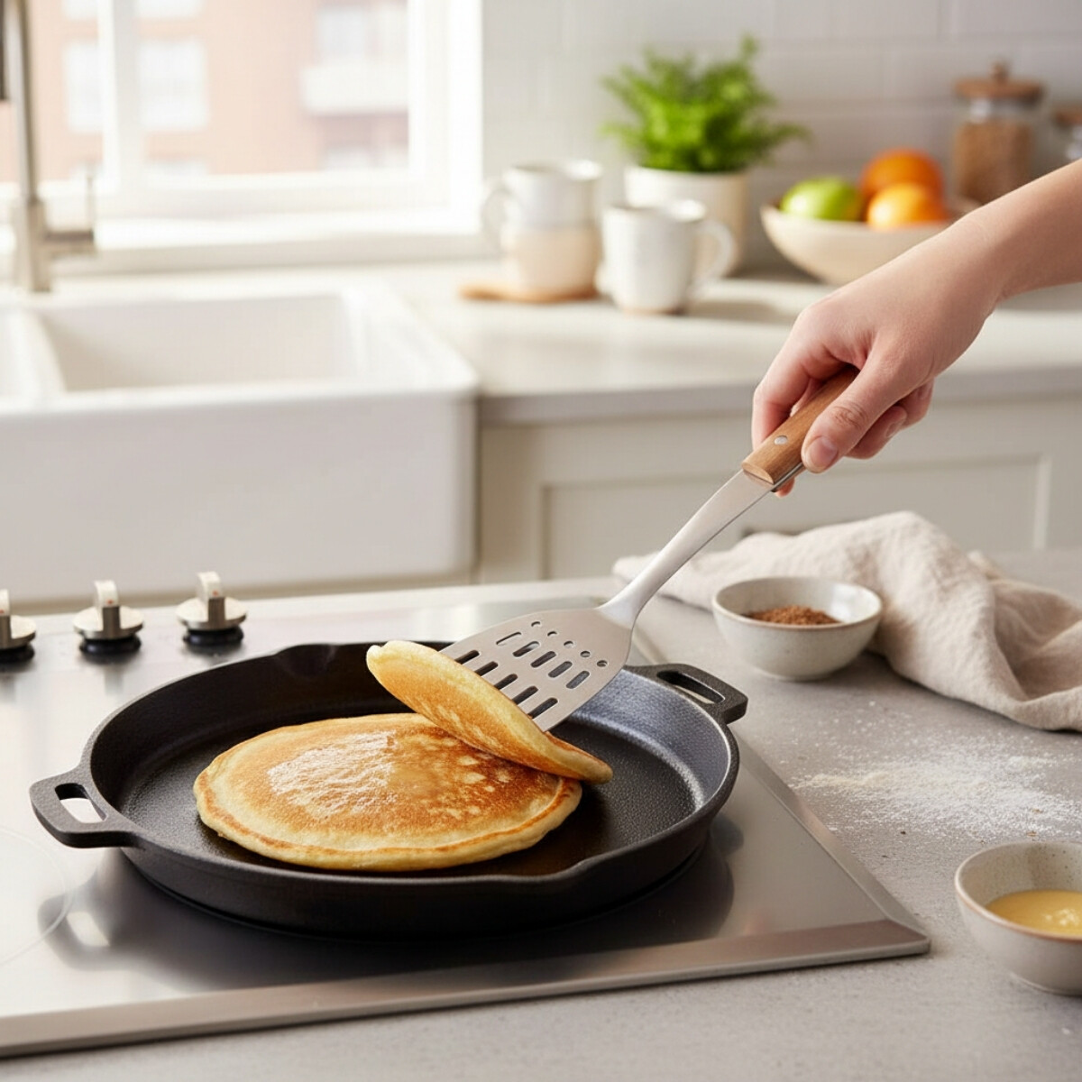 Espátula ranurada con mango Acacia 35.5x8.1 cm - PLATEADO 