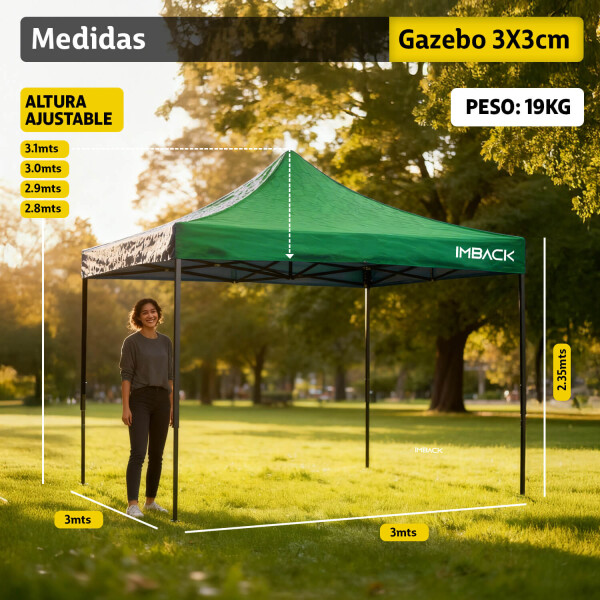 Gazebo Plegable 3x3 M Auto armable Toldo Playa Jardin Carpa Tela 600d IMBACK Color Verde Gazebo Plegable 3x3 M Auto armable Toldo Playa Jardin Carpa Tela 600d IMBACK Color Verde