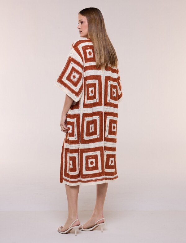 Cardigan Largo Crochet Mangas Kimono TERRACOTA
