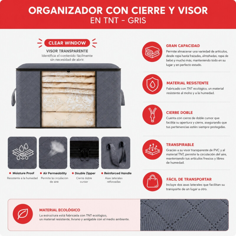 Set x2 organizador con cierre y visor en TNT GRIS