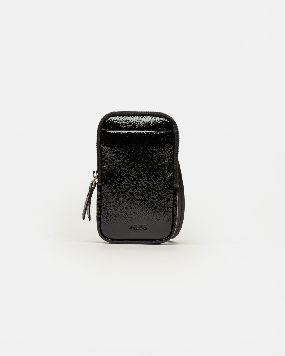 Porta celular Pia en cuero charol arrugado Negro