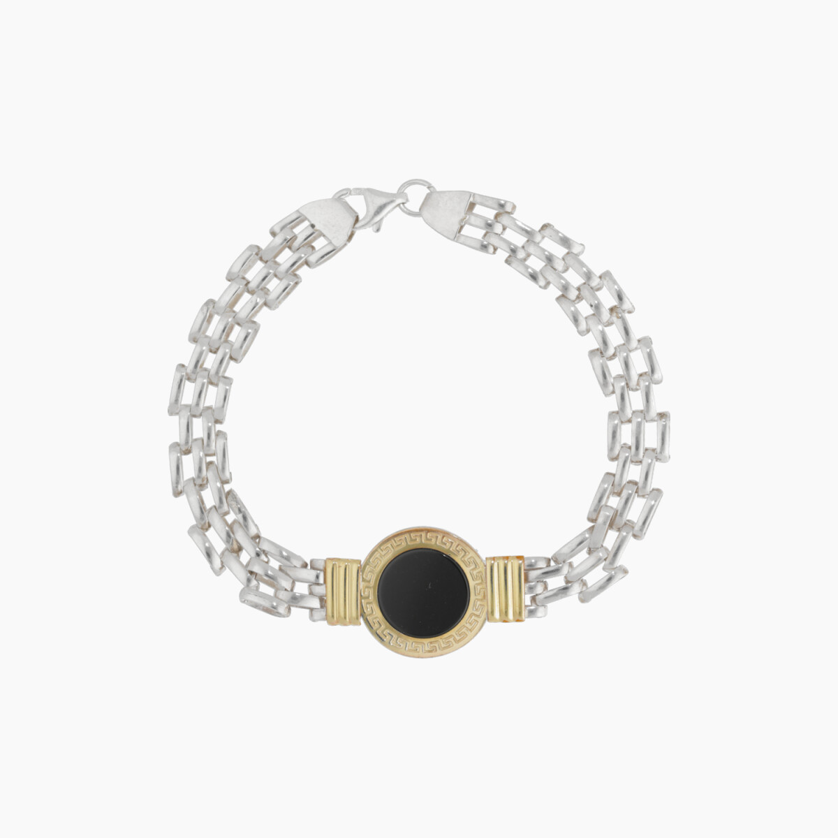 Pulsera En Plata Y Oro Con Diseño De Guarda Griega Y ónix 