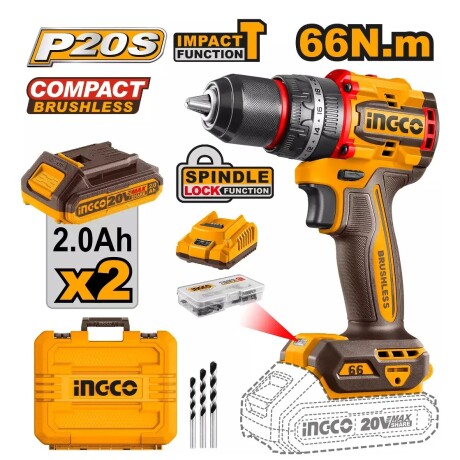 TALADRO ATORNILLADOR C/PERCUTOR A BATERIA 13MM COMPACT BRUSHLESS 20V P20S EN VALIJA C/2 BAT + 47 ACC N/a