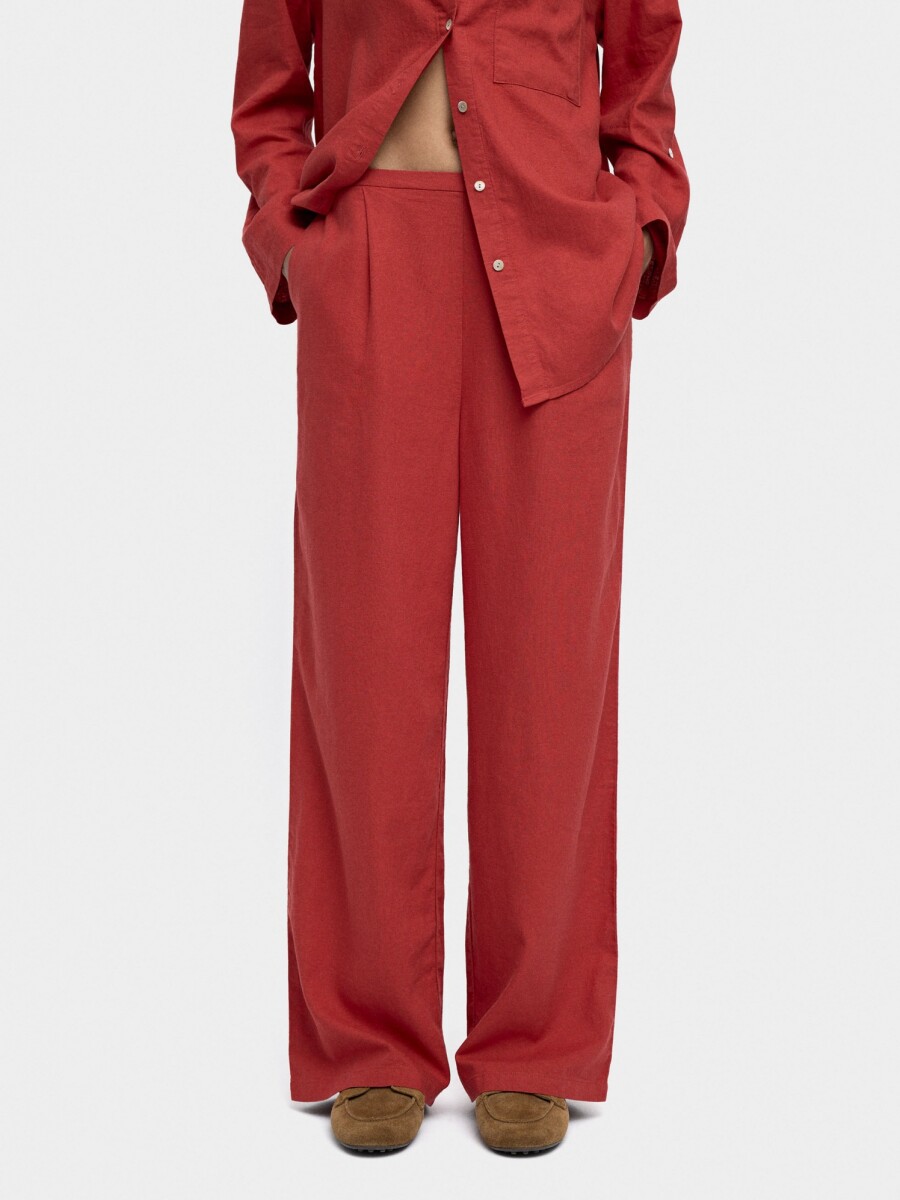 Pantalón Mezcla De Lino Cintura Elástica teja