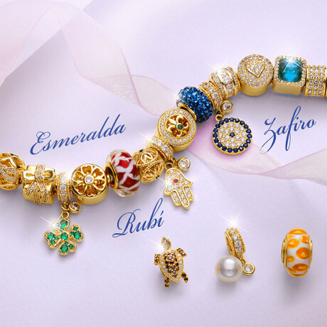 Pulsera bañada en oro de 18 kilates con piedras genuinas - Armonia 18 dijes Pulsera bañada en oro de 18 kilates con piedras genuinas - Armonia 18 dijes