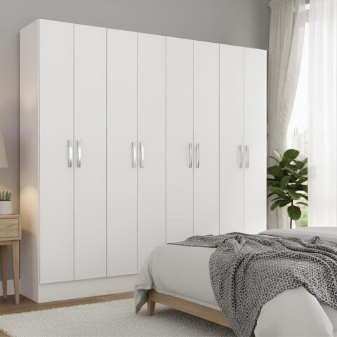 Ropero 8 puertas con estantes y perchero con interior natural - Blanco Ropero 8 puertas con estantes y perchero con interior natural - Blanco