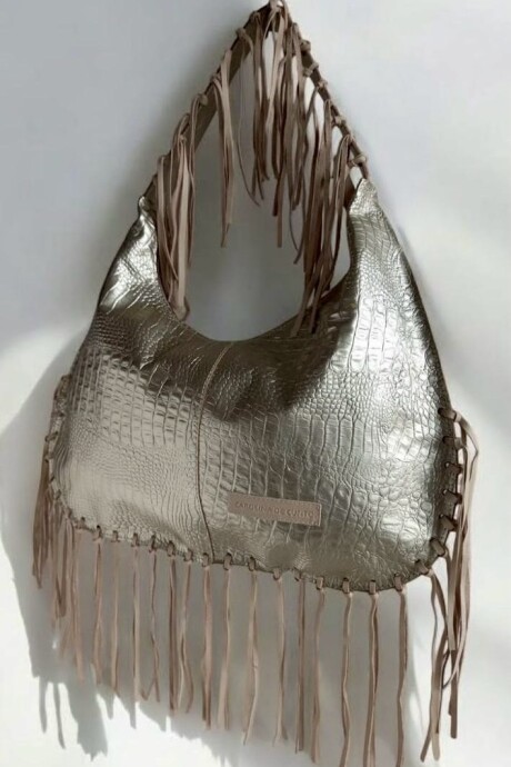 Cartera Alaska En Gamuza Con Flecos Linea Urbana Dorada.