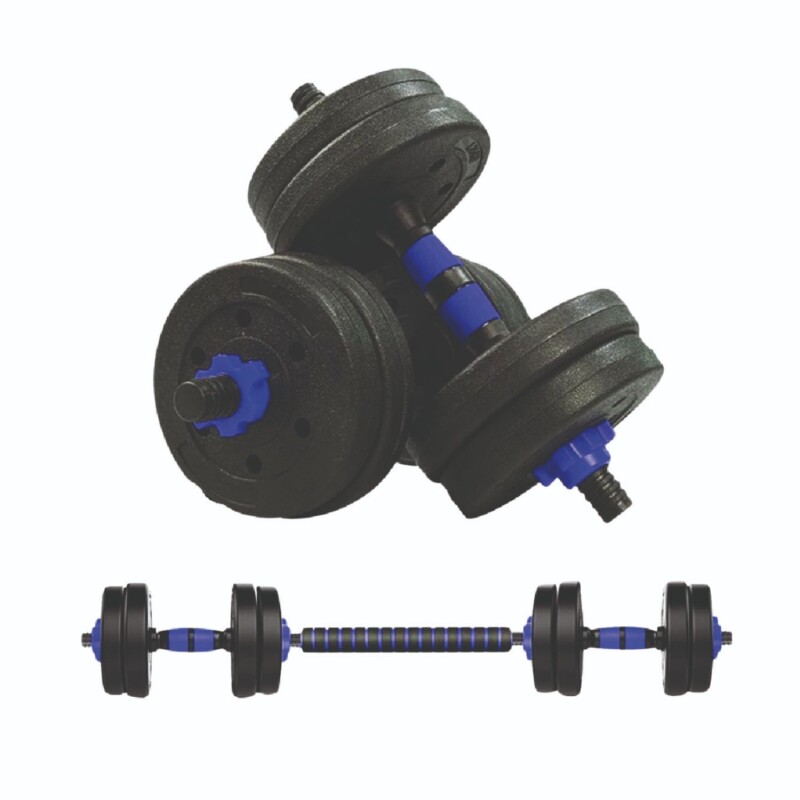 Set 2 Mancuernas Lumax + Barra 2 en 1 + 30kg Discos Pesas Azul