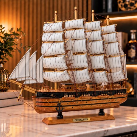 Barco Decorativo de Madera de Cuatro Mástiles – Natural Largo 50cm / Altura 43 cm Barco Decorativo de Madera de Cuatro Mástiles – Natural Largo 50cm / Altura 43 cm