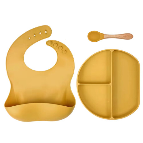 Set de Comida para Bebé con Babero Plato Cuchara en Silicona Amarillo