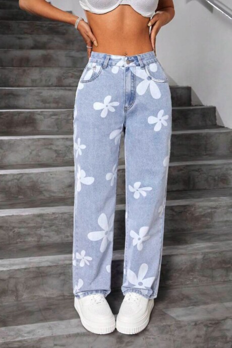 Pantalón MILEY Denim tiro alto estampado flores Azul