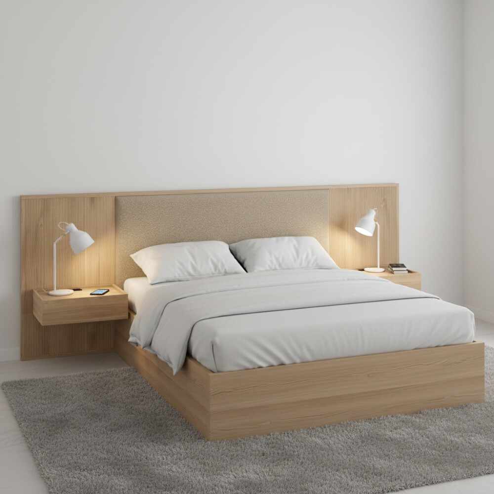 Respaldo 2 plazas tapizado con mesa de luz - Moderna Hanover