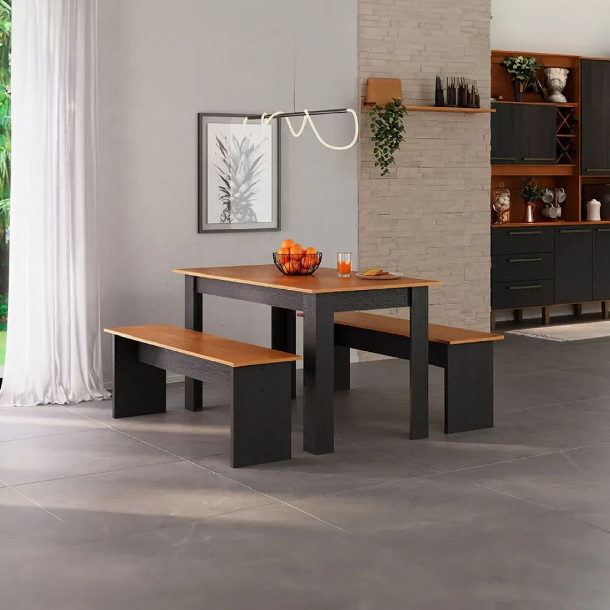 Juego de Comedor Primor - Mesa + 2 Bancos - Negro 