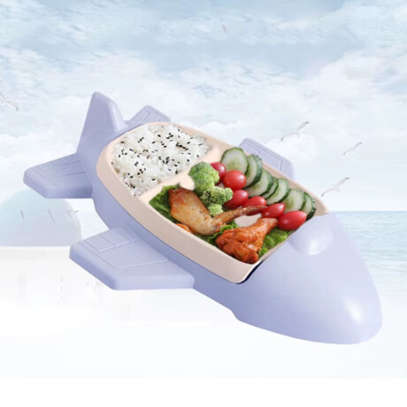 Set Comida Bebé Diseño Avión con Plato + Cuchara y Tenedor Celeste