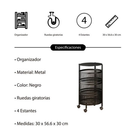 Carro Organizador Con 4 Estantes y Ruedas Negro