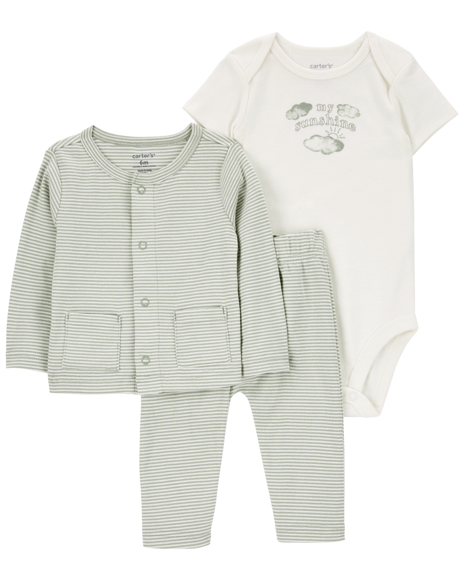 Set tres piezas de algodón, pantalón, saco y body Set tres piezas de algodón, pantalón, saco y body
