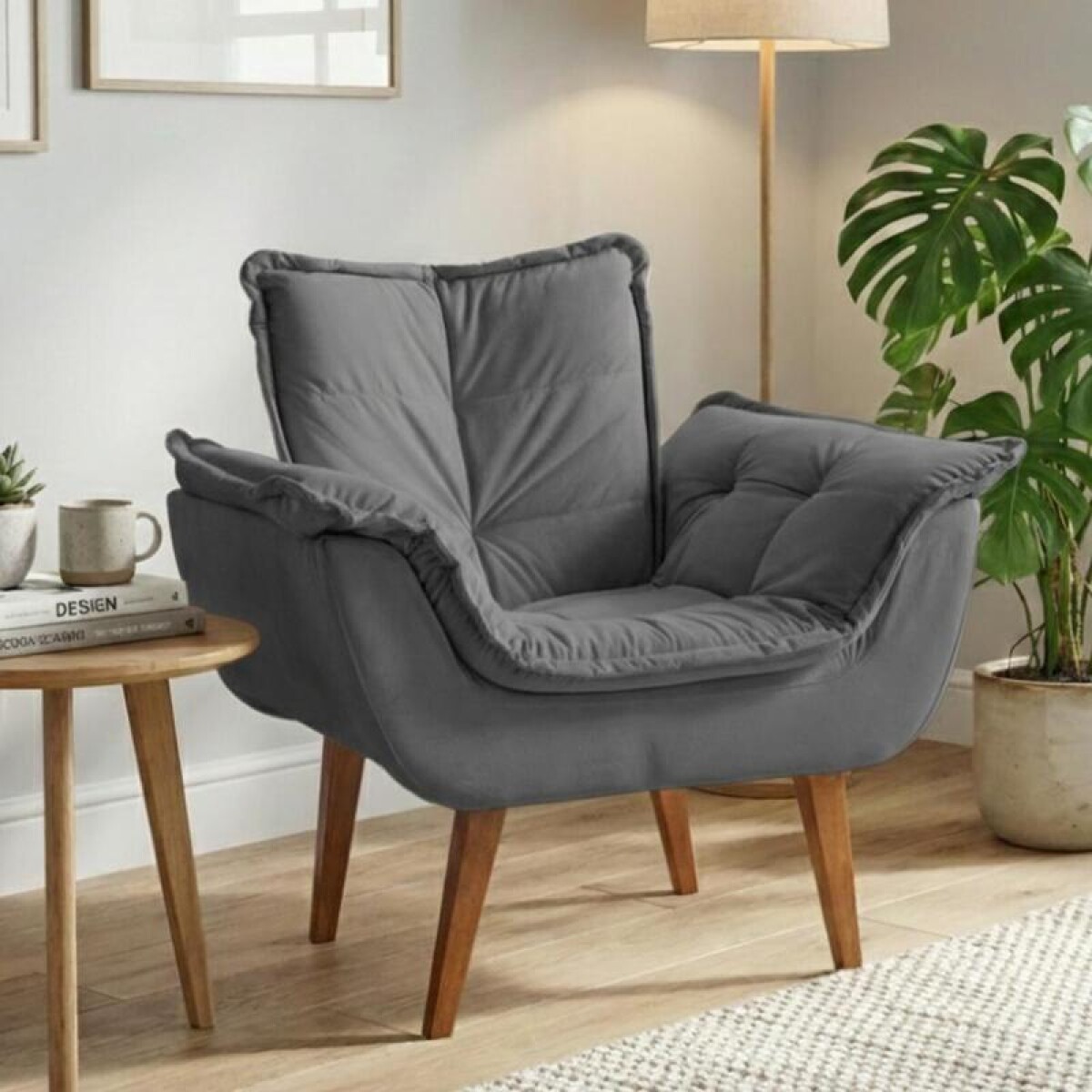 SILLON Butaca EROS Poltrona con asiento y espaldar de espuma revestido en terciopelo - Grafito 