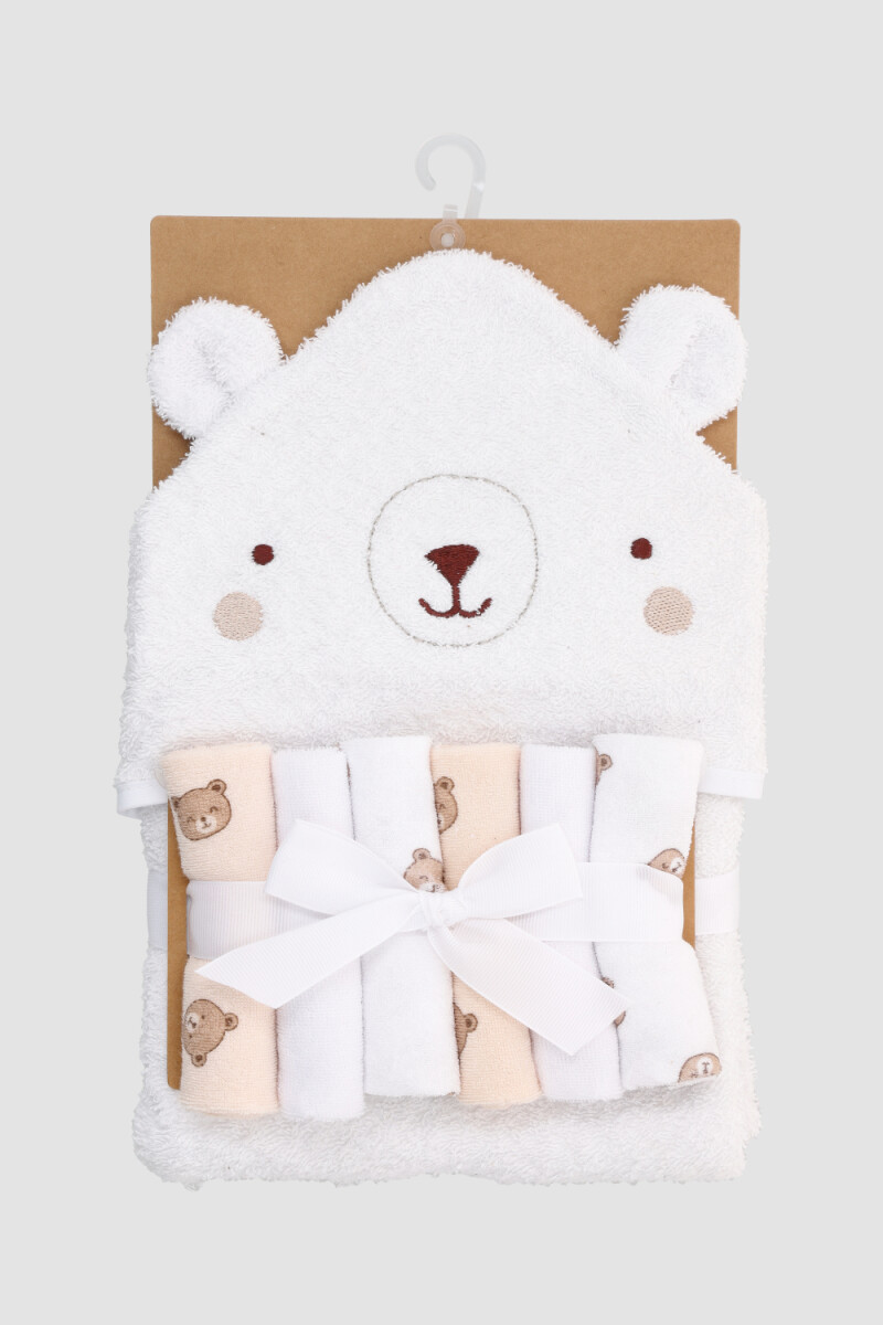 Set toalla con capucha + 6 babitas para bebe Marfil