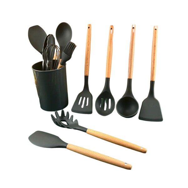 Set de 12 Utensillos de Cocina de Silicona Antiadherente con Mango Madera IMBACK Color Negro Set de 12 Utensillos de Cocina de Silicona Antiadherente con Mango Madera IMBACK Color Negro