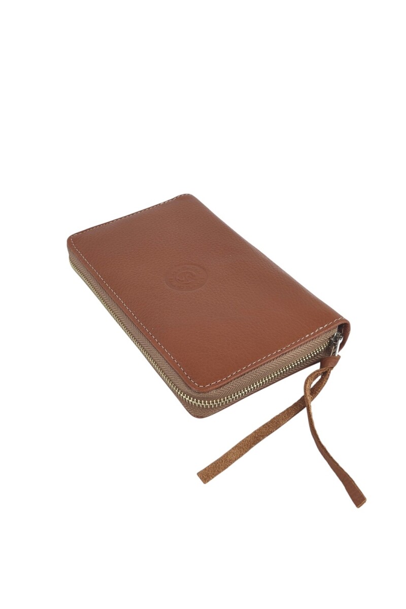Monedero de Cuero Genuino de Gran Capacidad con Cierre Perimetral Marrón