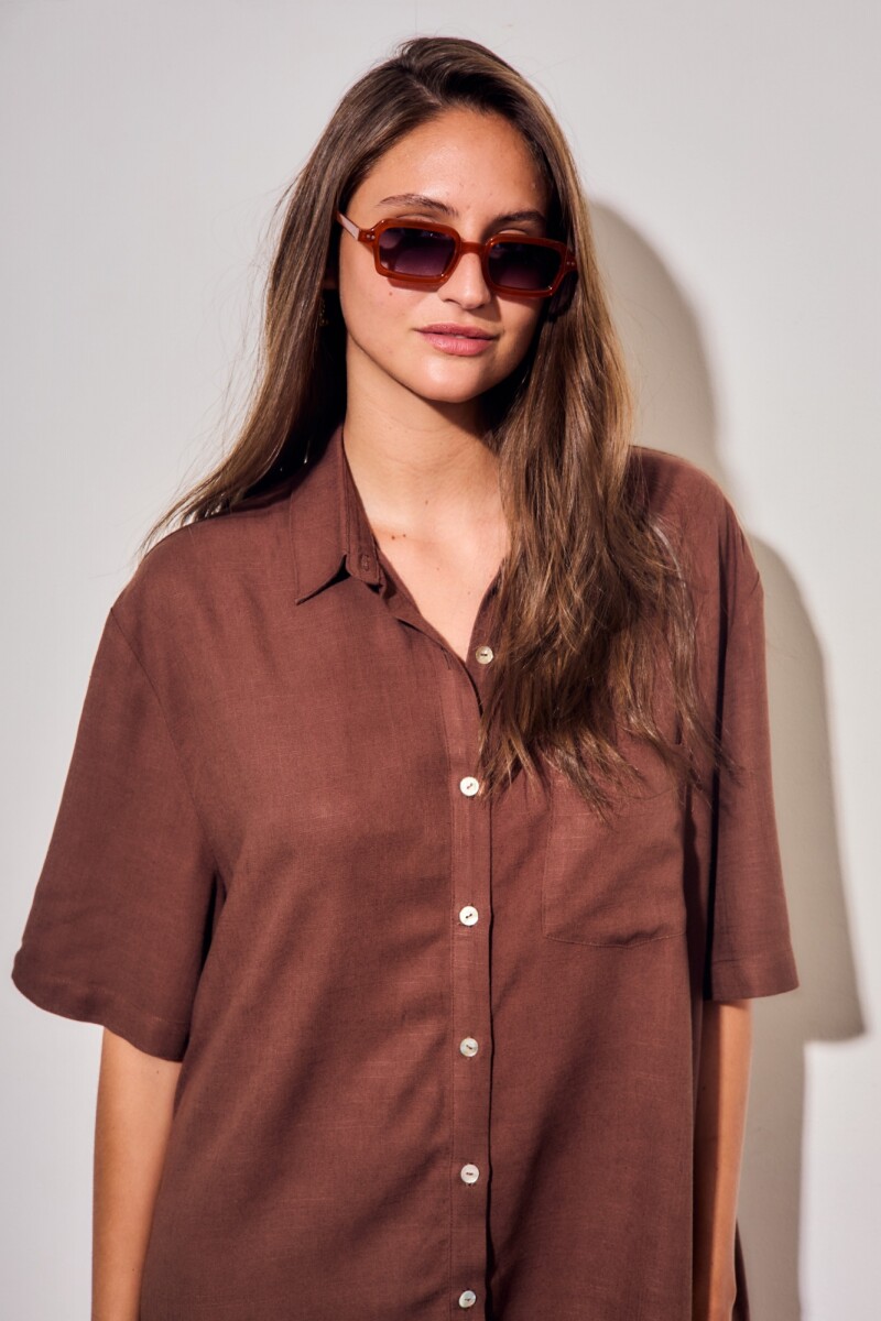 Vestido Camisero Con Lino Marron