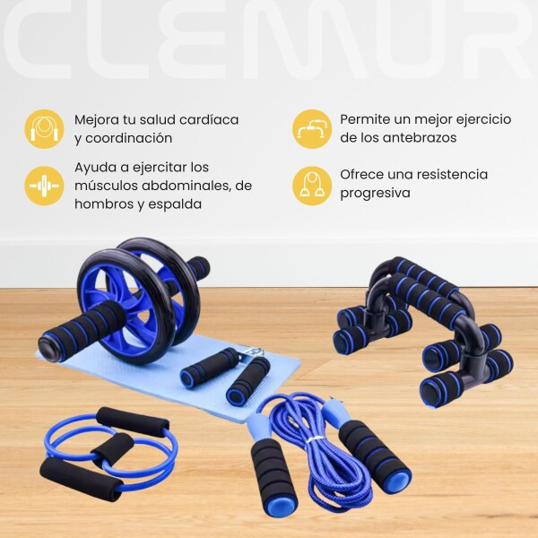Kit X5 Rueda Abdominal + Banda Resistencia + Soga Cuerda Saltar + Barras - Yoga Entrenamiento Funcional Imback Color Azul Kit X5 Rueda Abdominal + Banda Resistencia + Soga Cuerda Saltar + Barras - Yoga Entrenamiento Funcional Imback Color Azul