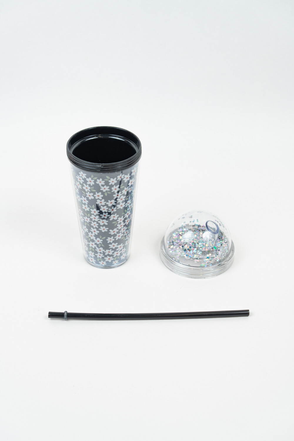 Vaso Con Tapa + Sorbito Glitter Negro