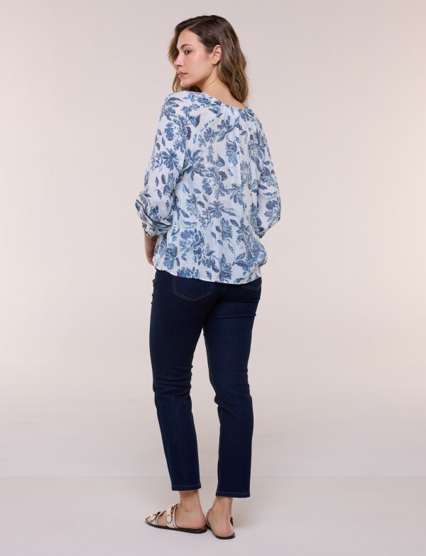 Blusa Con Detalles De Puntilla BLANCO/AZUL