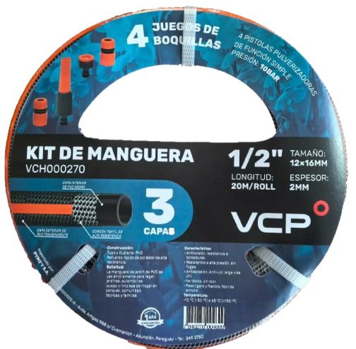 KIT DE MANGUERA DE 3 CAPAS 1/2" 20M. 4 JUEGOS DE BOQUILLAS 