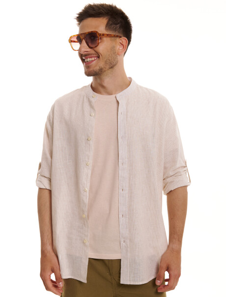 Camisa m/l lino rayas beige