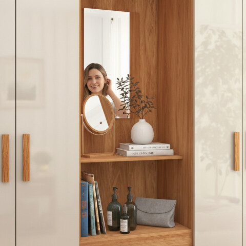 Ropero Vetro 4 Puertas 2 Cajones con Espejo, Perchero y Tocador 150cm MDP - Cinamomo Off White Ropero Vetro 4 Puertas 2 Cajones con Espejo, Perchero y Tocador 150cm MDP - Cinamomo Off White