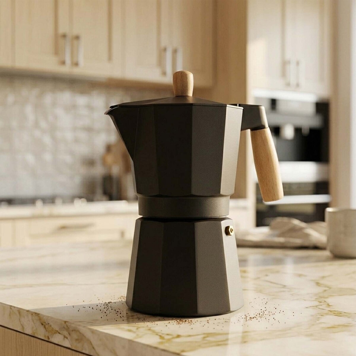 Cafetera Italiana 6 Tazas 300ml Aluminio Mango de Madera - Negro 