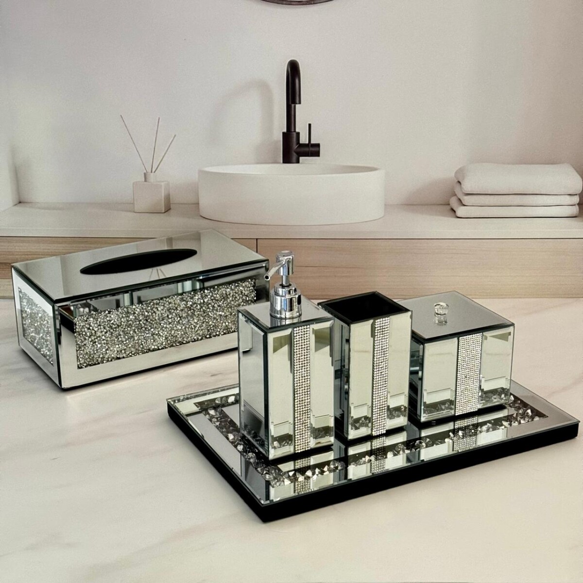 Set Baño Espejado Porta Pañuelos + Organizadores C/Bandeja 