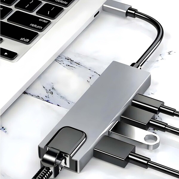 Adaptador Hub Tipo C 5 en 1 Ethernet HDMI 4K 2 USB 3.0 Mac Color Gris
