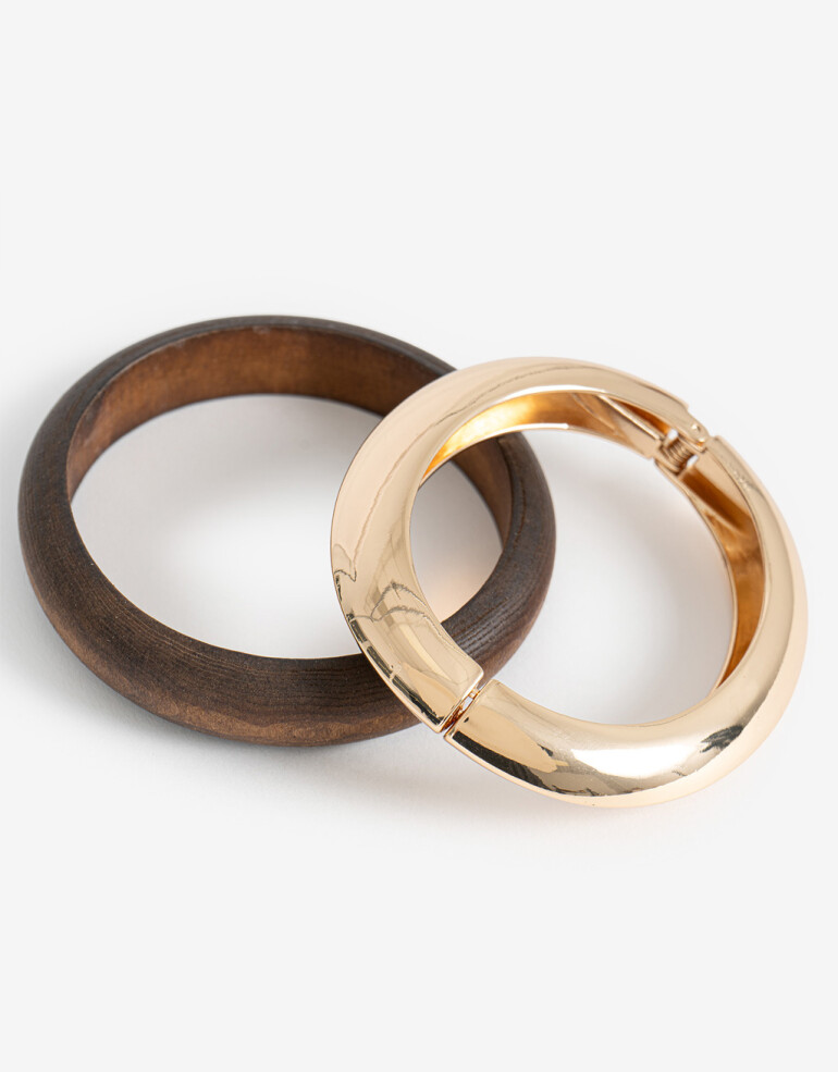 Pulseras Rígidas Sets Madera Set Pulseras Rígidas Metal Y Madera - Dorado