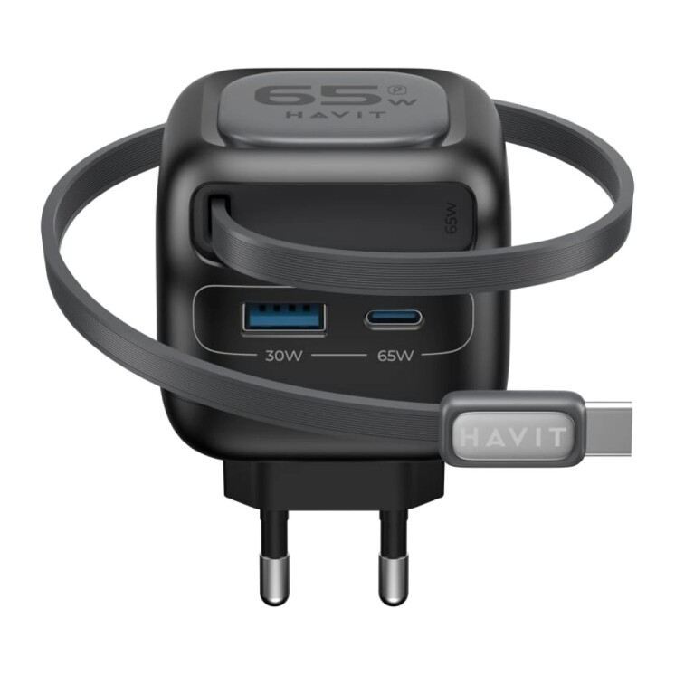 Cargador Havit UC253 GaN 65 W con Cable USB-C Retráctil Cargador Havit UC253 GaN 65 W con Cable USB-C Retráctil